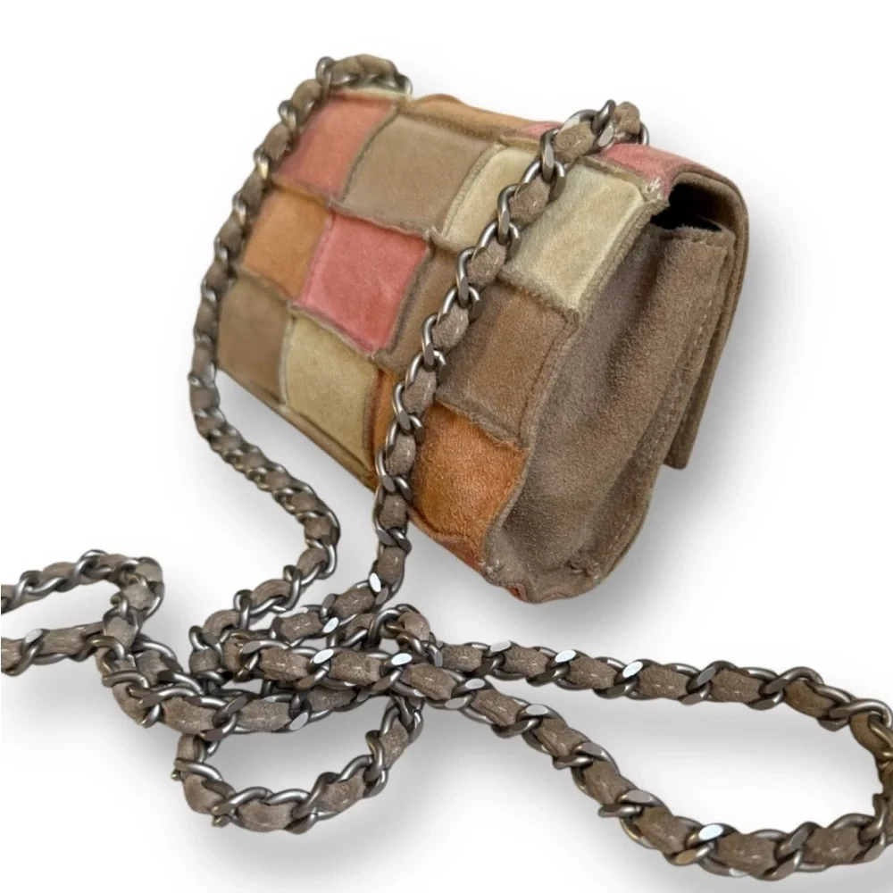 AUTH CHANEL PATCHWORK SUEDE MINI BAG CRYSTAL CC SILVER CHAIN RARE VINTAGE BOHO - Picture 16 of 17